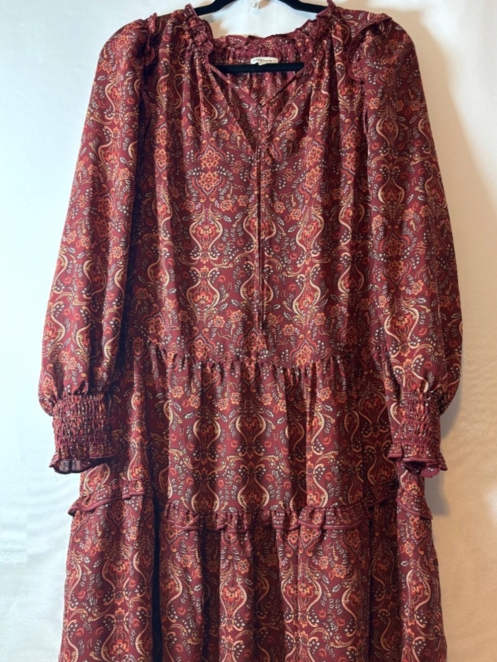 Boho Paisley Tiered Dress Burgundy Long Sleeve Smocked Cuffs Max Studio Size M